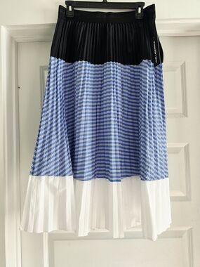 Karl Lagerfeld Pleated Colorblock Midi Skirt in Blue, Black & White